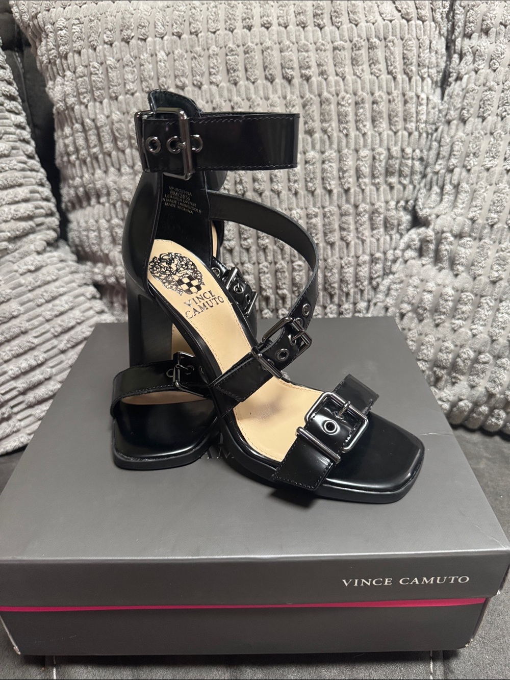 Vince Camuto Black Patent Buckle Strappy Block Heel Sandals
